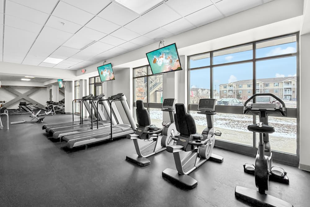 Fitness center with treadmills, weight machines and large windows at The Franklin in Ankeny, Iowa