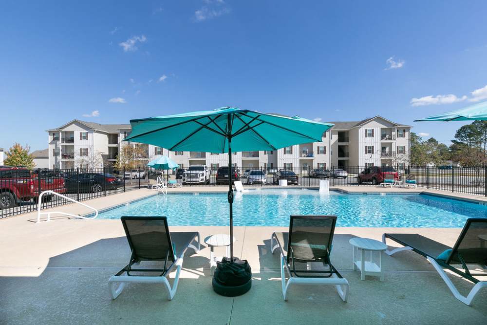 Poolside benches at Patriots Place in Valdosta, Georgia  