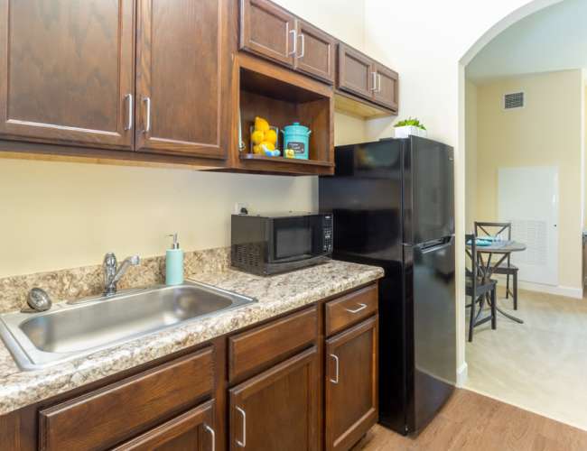 Kitchen with stainless-steel appliances and wooden cabinetries at The Harmony Collection at Roanoke - Assisted Living in Roanoke, Virginia