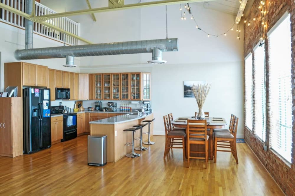 Open format industrial space kitchen at Broadway Lofts in Macon, Georgia