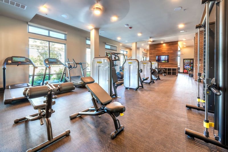 Very well-equipped onsite fitness center at Switchyard in Carrollton, Texas