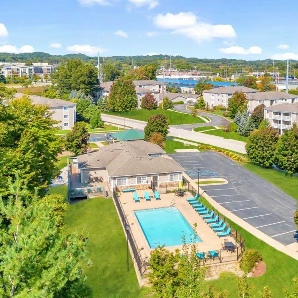 Drone view of apartment at Timber View Apartments in Grand Haven, Michigan