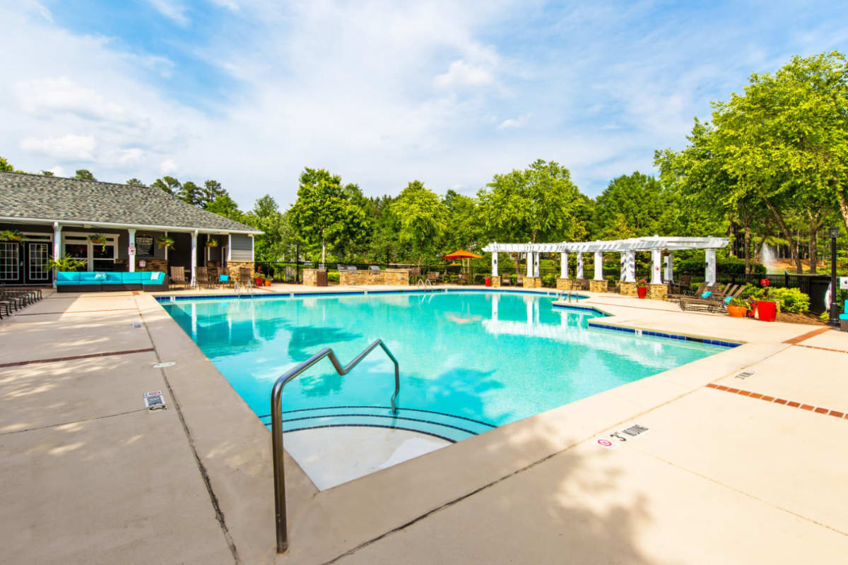 Steps leading into shallow part of sparkling pool at Marquis on Cary Parkway in Morrisville, North Carolina