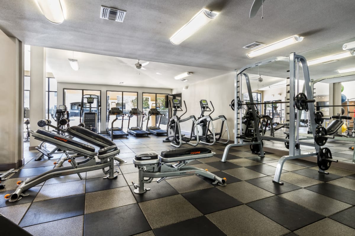 Indoor fitness center with multiple exercise machines and assisted weights section at Marquis at Barton Trails in Austin, Texas