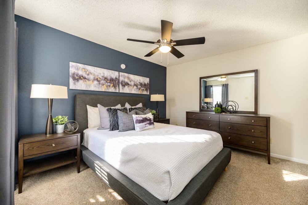 Bedroom with ceiling fan at Laurel Heights at Cityview in Fort Worth, Texas