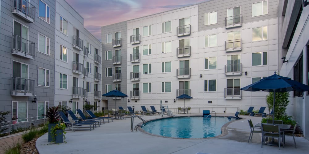 The community swimming pool between apartment buildings at Innslake Place in Glen Allen, Virginia