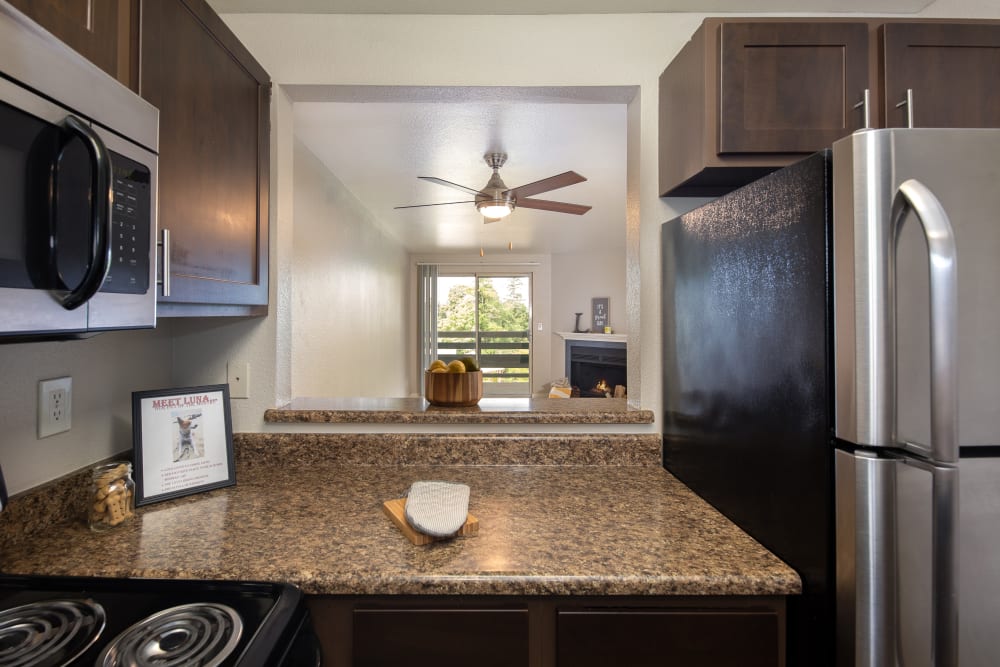 Granite-style counter tops in kitchens at Latitude Apartments in Everett, Washington