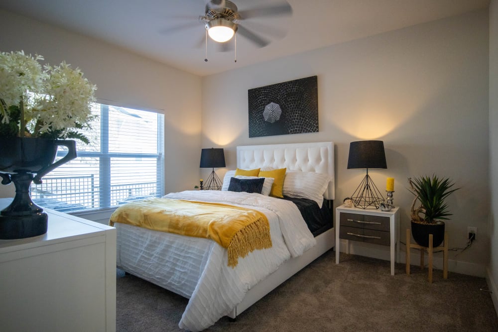 Cozy bedroom with a bright window at Esperanza in San Antonio, Texas