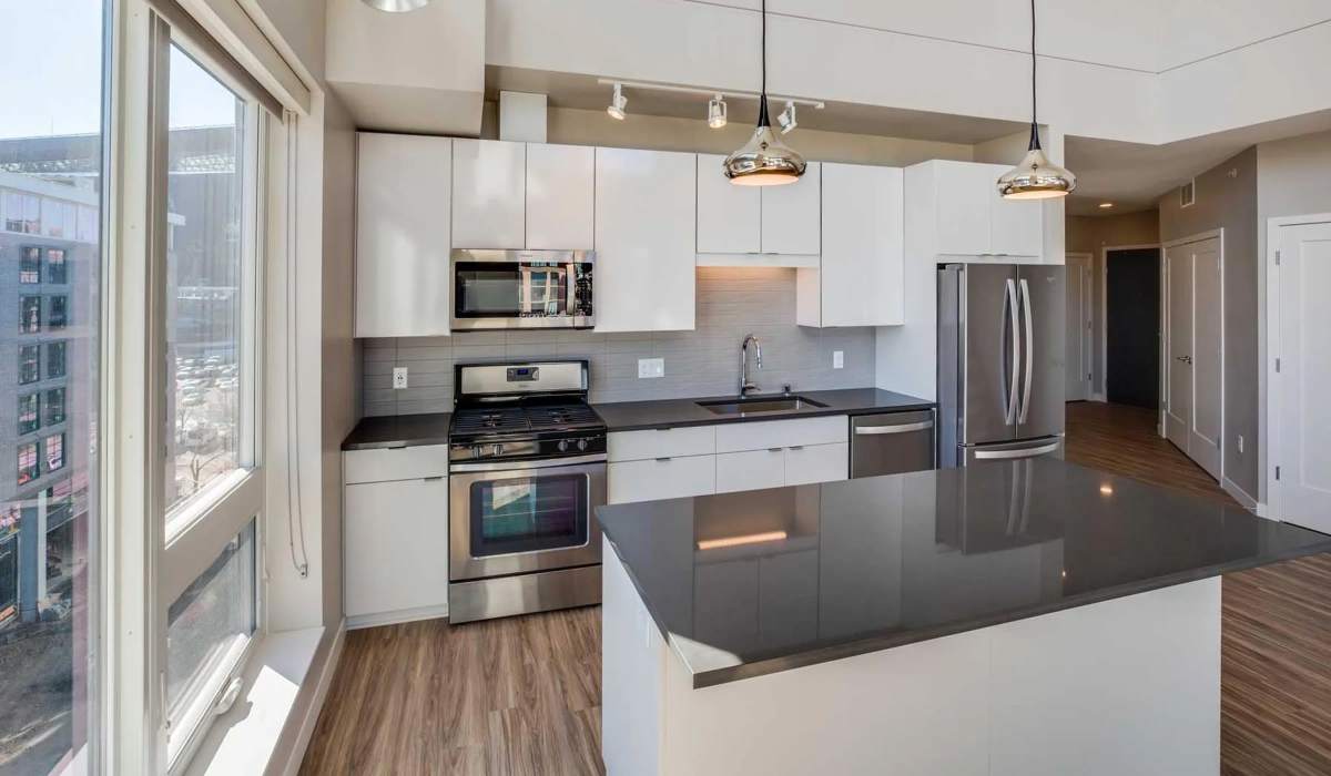 Apartment kitchen at East End in Minneapolis, Minnesota