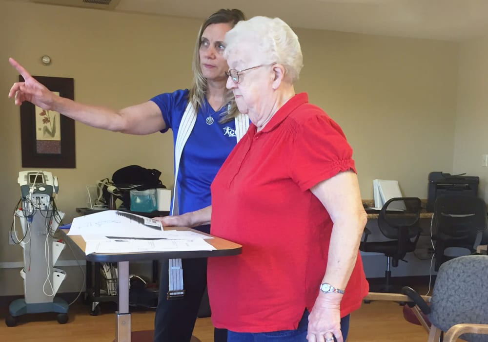 Resident during a physical therapy session at East Troy Manor in East Troy, Wisconsin
