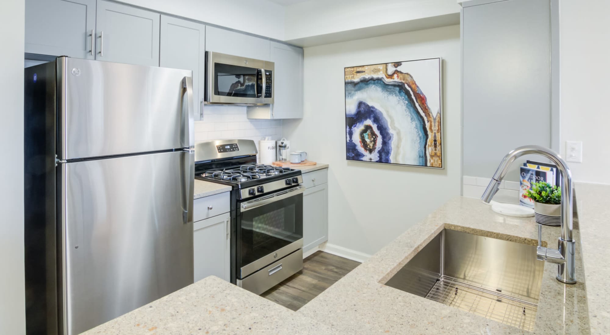 Modern Kitchen floor plan at Sofi at 50 Forest in Stamford, Connecticut