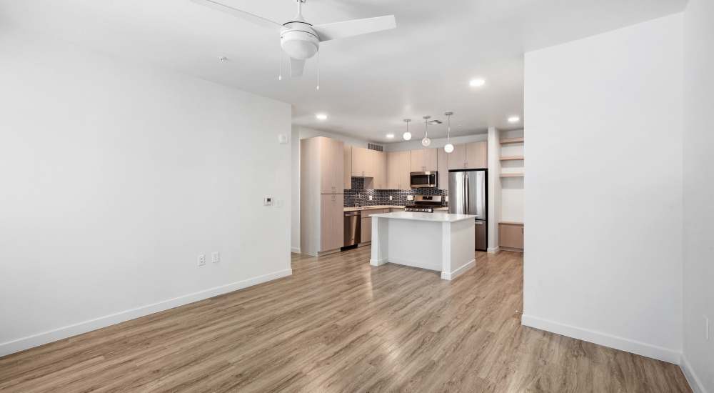 View of kitchen from living room at Lydian in Phoenix, Arizona