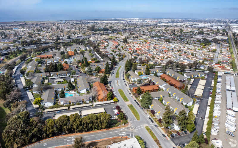 An aerial view of the property at Lakeside Village in San Leandro, California