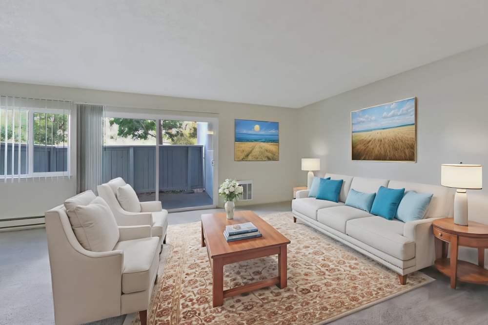 Spacious Living Room and Balcony View at Lakeside Village in San Leandro, California