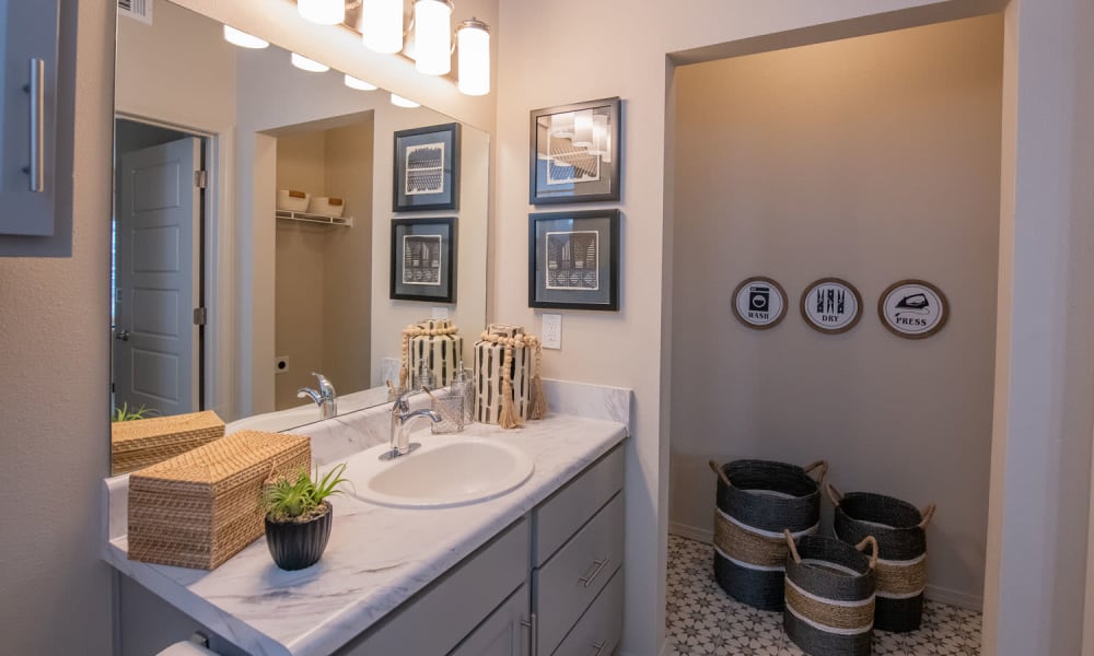 Spacious and clean model bathroom at Redbud Ranch Apartments in Broken Arrow, Oklahoma