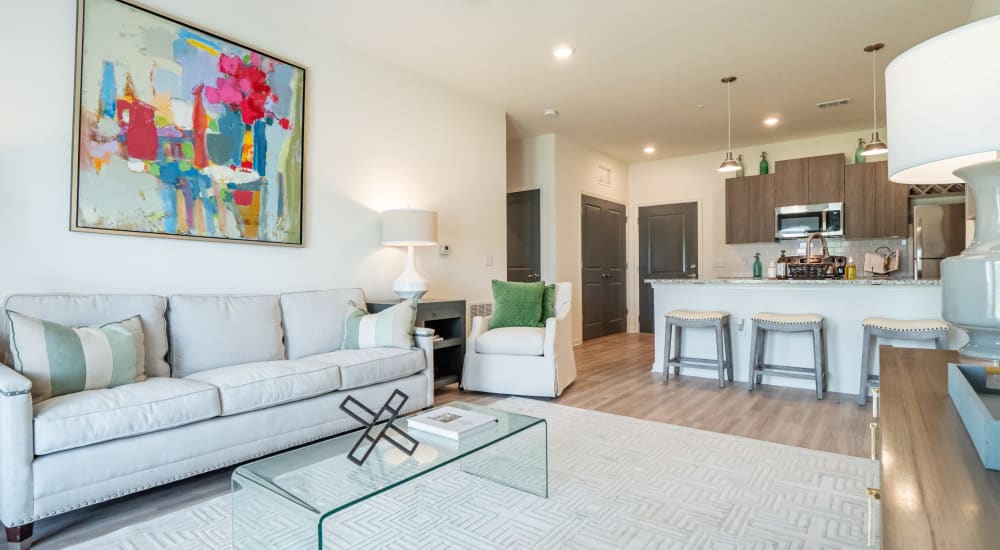 A furnished apartment living room and kitchen in the background at The Station at Brighton in Grovetown, Georgia