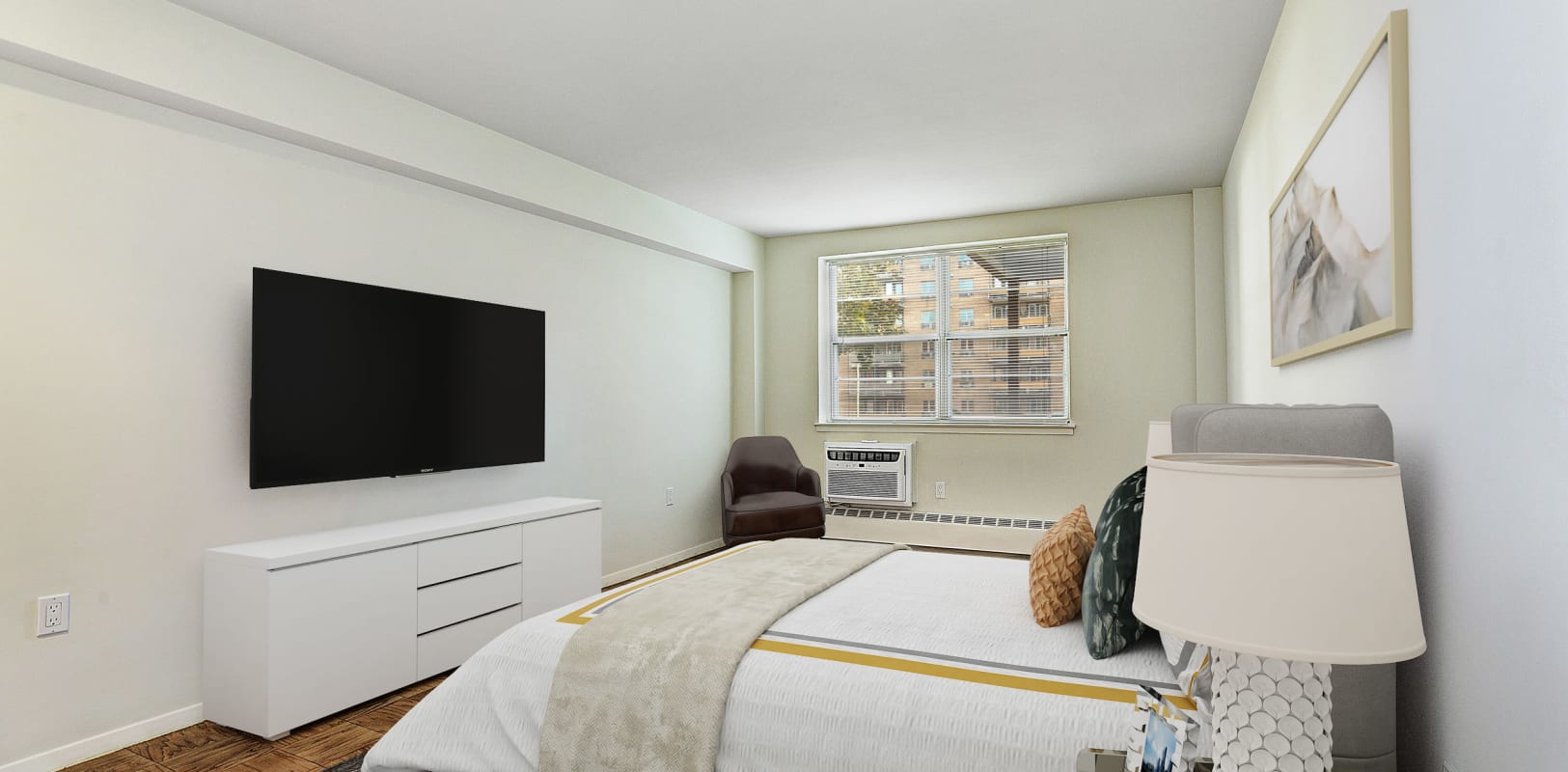 Well decorated bedroom with tv on wall at Hampshire House in Allentown, Pennsylvania