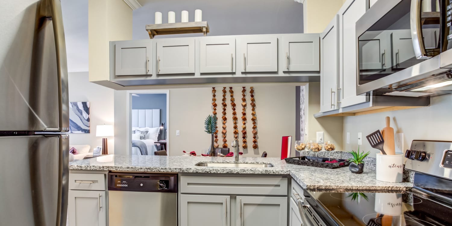 Modern kitchen in an apartment at Sola Westchase in Houston, Texas