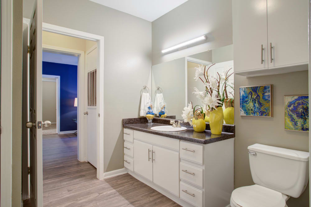 Model bathroom with plenty of storage space at Metro 5514 in Houston, Texas