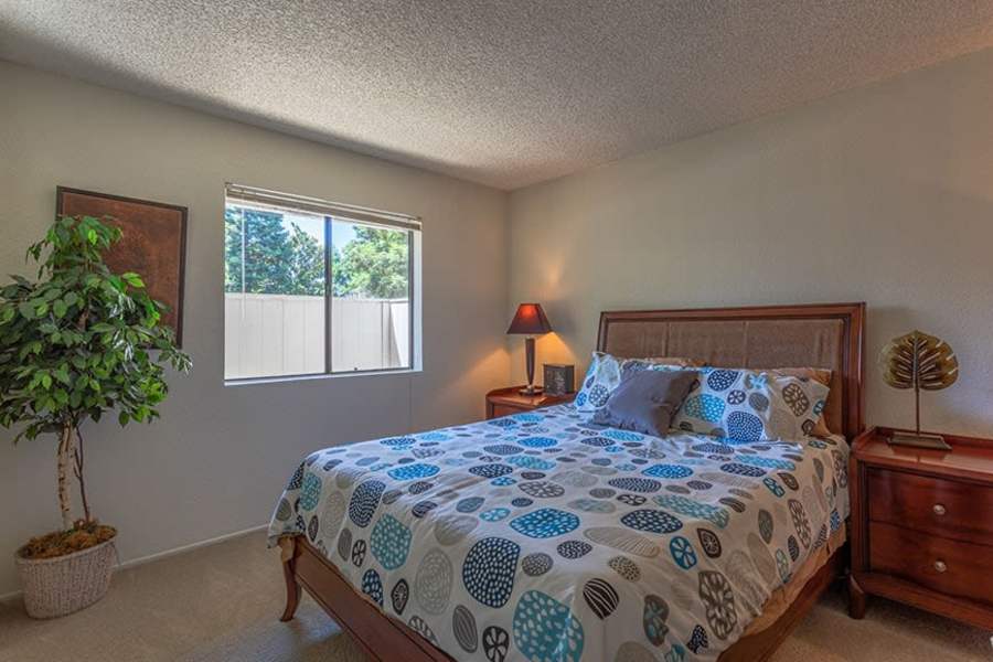 Bedroom with huge windows at Ashford Park in Sacramento, California