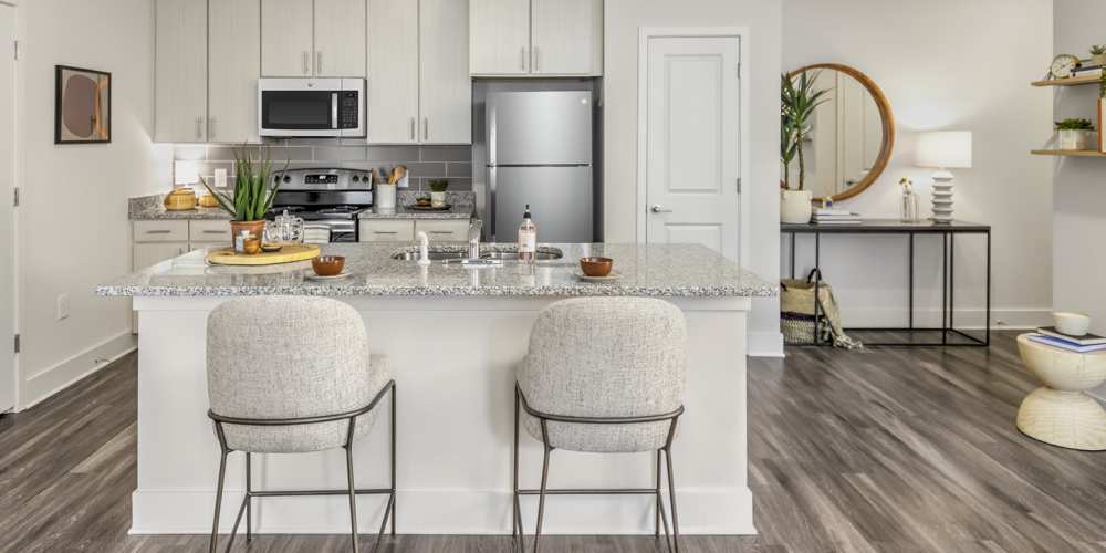 Modern apartment kitchen with wood-style flooring at Marlowe Place in Charlotte, North Carolina
