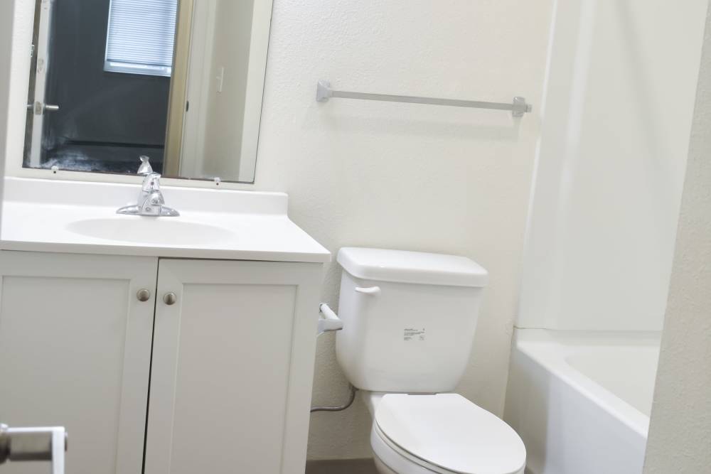 A bathroom with a toilet, mirror and vanity with a sink at Clairewood Apartments in Saint Clair, Michigan,