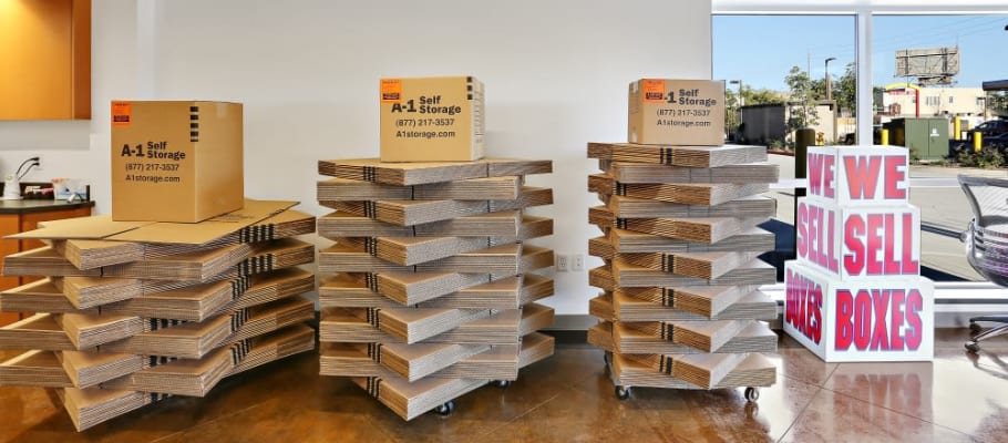 Variety of box sizes available at at A-1 Self Storage in San Diego, California