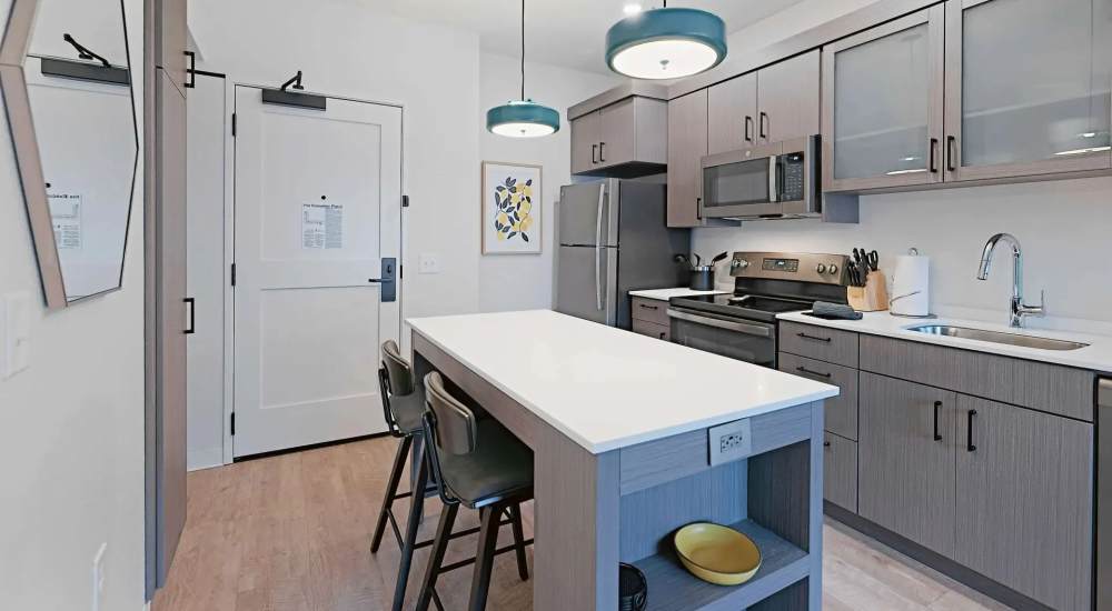Modern kitchen with island, stainless steel appliances and dishwasher at WaterWalk Huntsville in Huntsville, Alabama 
