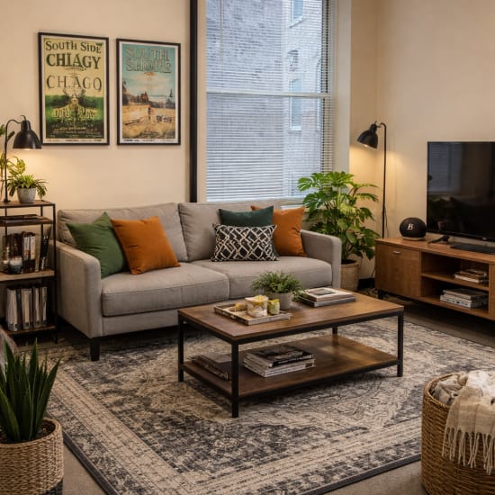 Living room staged in chicago style with large window at 51st and King Apartments in Chicago, Illinois