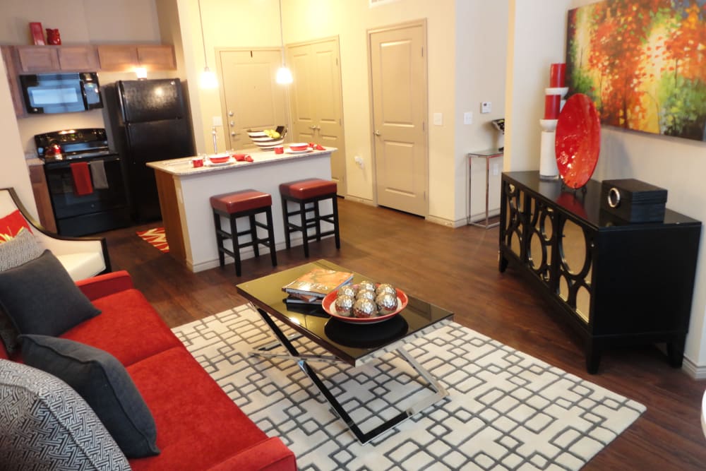 Open concept living room at Anatole at City View in Lubbock, Texas