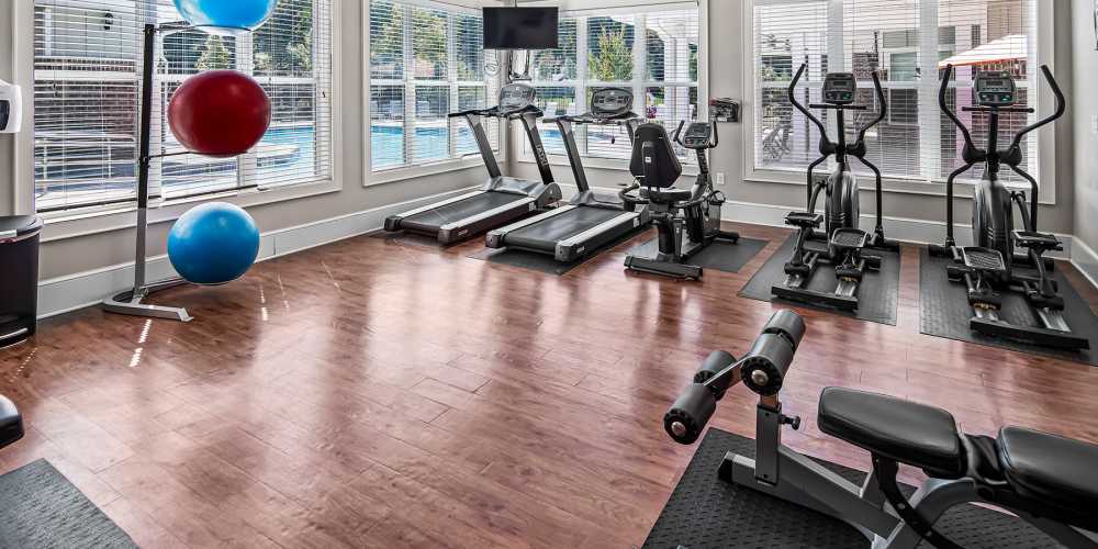 Fitness studio with multiple treadmills at Dilworth in Asheville, North Carolina