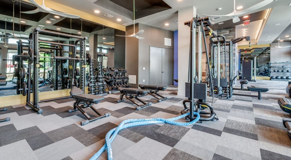 Well equipped fitness center at Luxia River East in Fort Worth, Texas