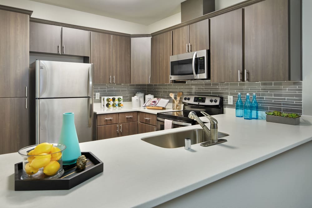 Kitchen with wood-style flooring and stainless steel appliances at Brookside Village in Auburn, Washington