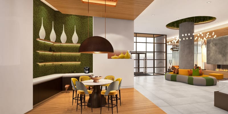 Dining area and coffee bar in the resident lounge at Solaire 8200 Dixon in Silver Spring, Maryland