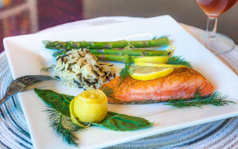 A delicious salmon dinner at Morrow Heights Assisted Living in Rogue River, Oregon. 