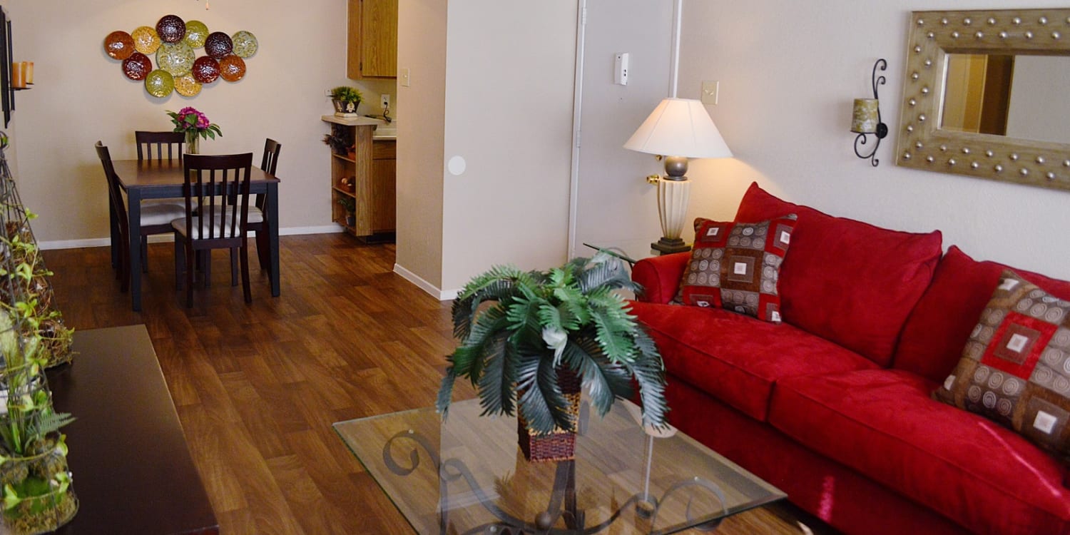 A furnished apartment's living room at Villa Bella apartment homes in Euless, Texas