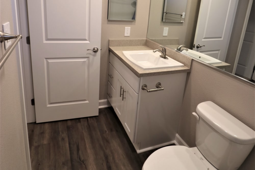 Bathroom with wood-style flooring at Pinebrook Apartment Homes in Fremont, California