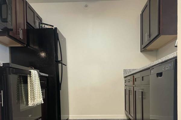 Apartment kitchen with wooden cabinets and stainless-steel appliances at Brentwood Chase in Gastonia, North Carolina
