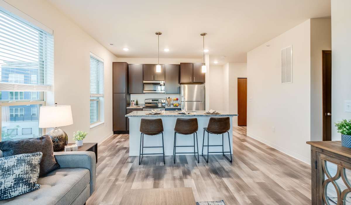 Full appliance kitchen with island at Spring City Crossing in Waukesha, Wisconsin