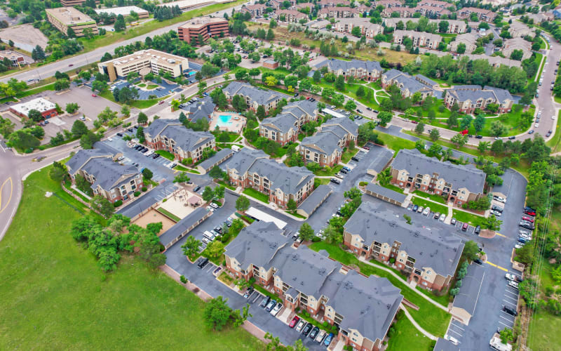 Aerial view of Skyecrest Apartments in Lakewood, Colorado