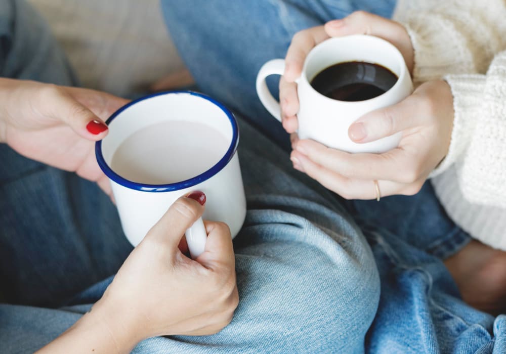 Residents having tea and coffee in the morning at Terra at Portola Park in Livermore, California