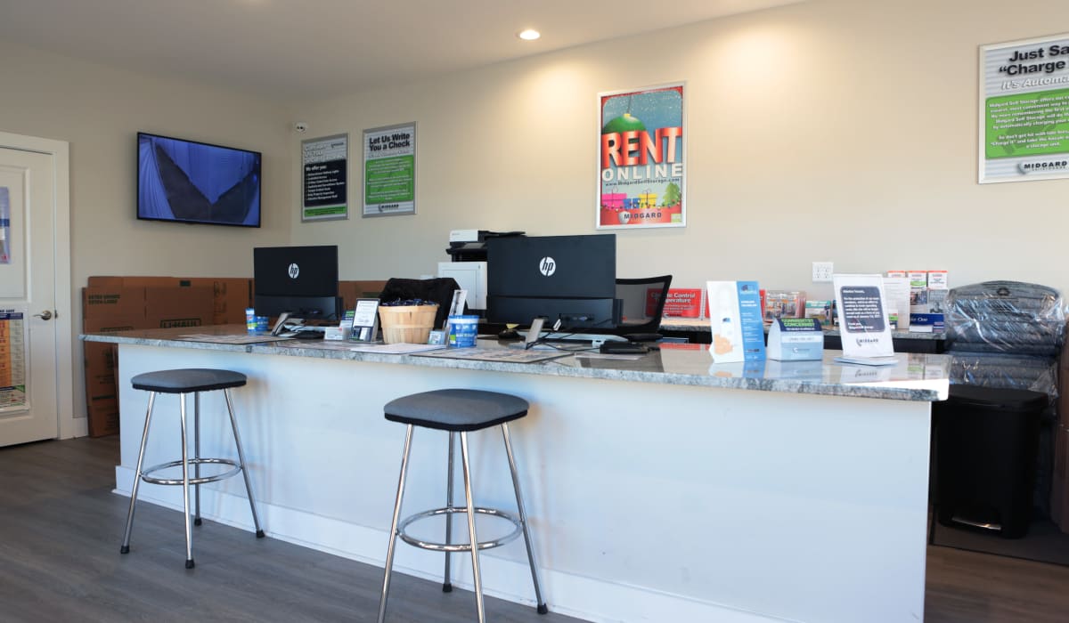 Leasing desk at Midgard Self Storage in Wilmington, North Carolina