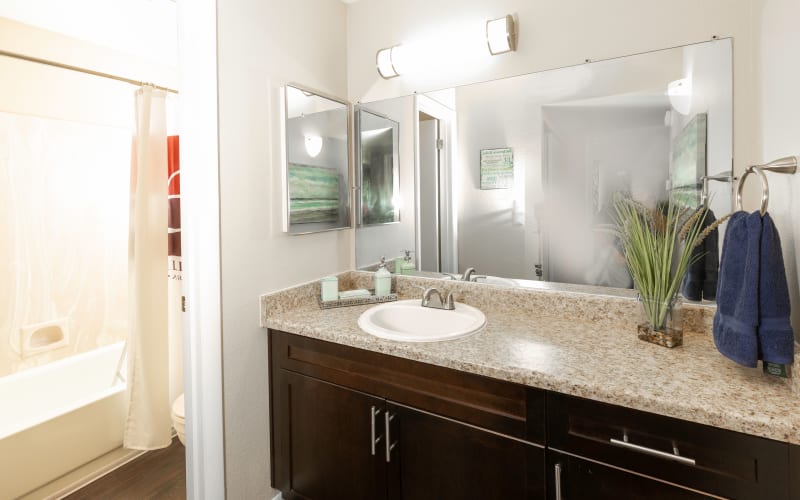 Generous counter space and a large mirror in a bathroom at Callaway Apartments in Taylorsville, Utah