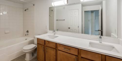 Bathroom with bathtub, mirror and sink at Spicewood Crossing in Carrollton, Texas