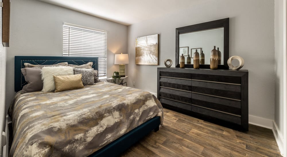 Resident bedroom in a model home's living space at The Grove in Houston, Texas