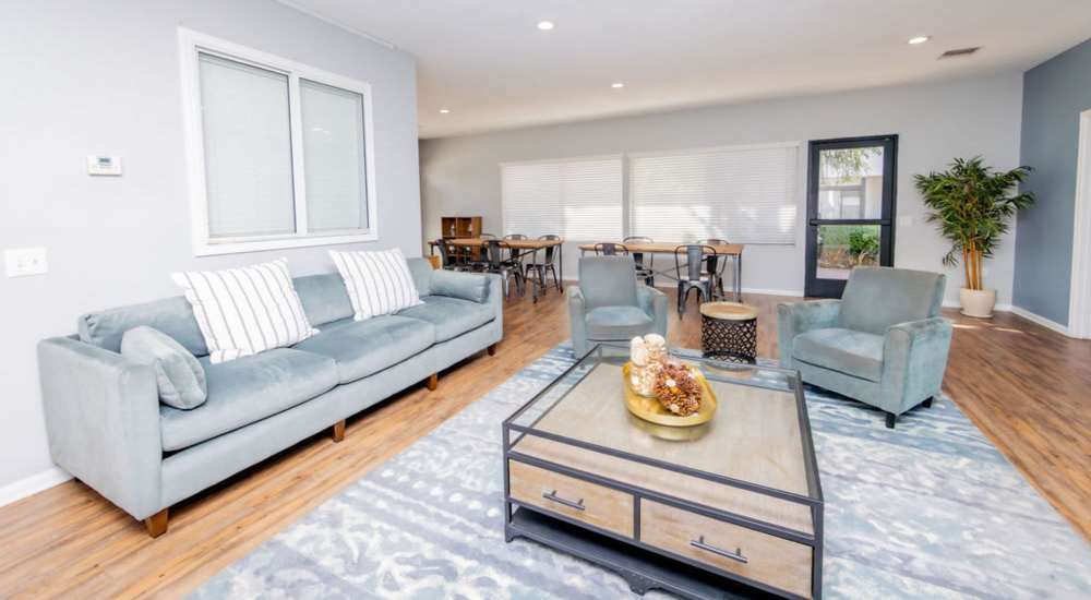 Modern vibrant living room with leather couch and big carpet at Fairvalley Villa in Covina, California