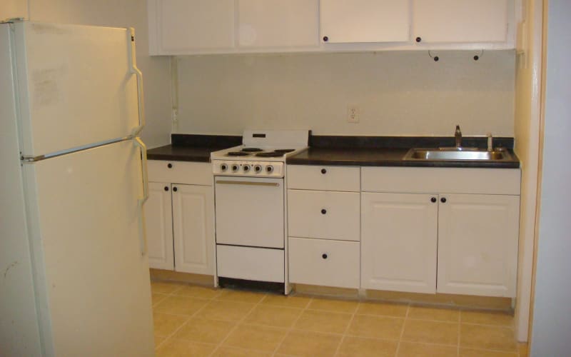 Kitchen in the apartment at 400 Atlantic in Bridgeport, Connecticut