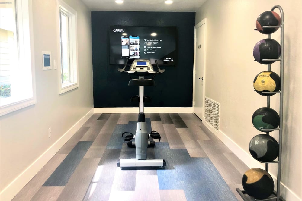 The fitness center complete with a fitness on demand room at Village Oaks in Chino Hills, California