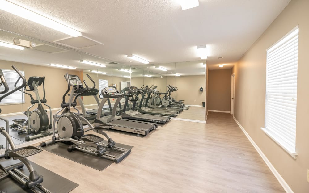 Well-equipped fitness center with cardio equipment at The Village at Brierfield Apartment Homes in Charlotte, North Carolina