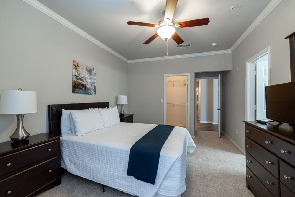 Cozy bedroom with walk in closet with organizer at Marquis at Bellaire Ranch in Fort Worth, Texas
